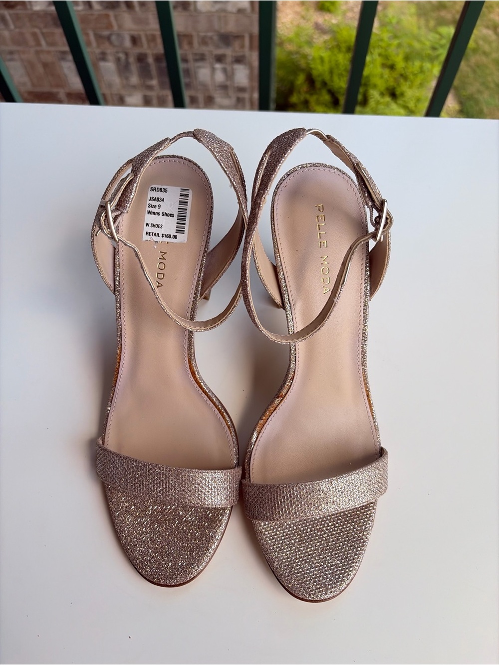 🌾Pelle Moda Size 9M Rose Gold Glitter Ankle Strap Block Heel Sandals Party Chic - Picture 8 of 17